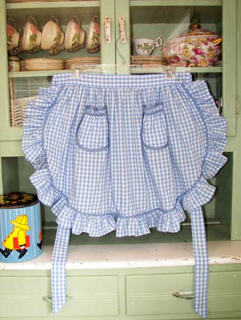 1948 Ruffle Blue Gingham Half Apron, click for more 1948 ruffle half aprons