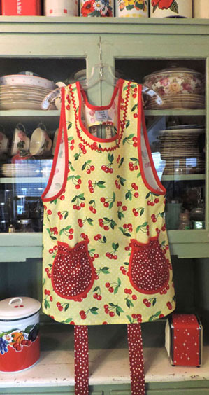 Grandma cherry apron with yellow polka dots